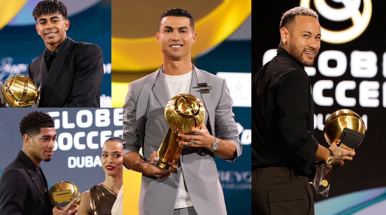 Winners holding trophies at the Globe Soccer Awards in Dubai